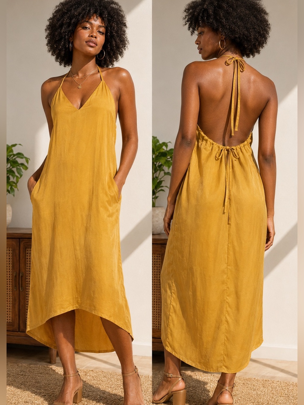 Lovestitch Cupro Halter Tie Back Dress Medium Mustard Gold Resort Vacation - Picture 1 of 14